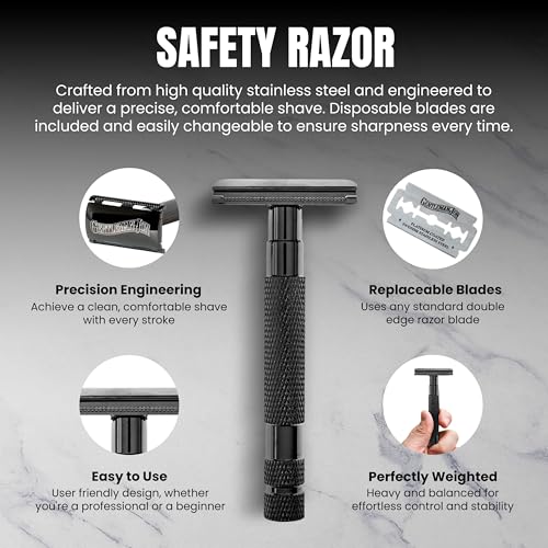Safety Razor Shaving Kit | Vintage Wet Shave Grooming Set for Men - Includes: Safety Razor, Hair Shaving Brush, Alum Block, Shave Soap, Bowl & Double Edge Razor Blades - Image 6