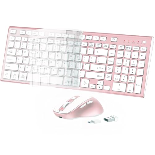 Wireless Keyboard Mouse Combo, USB Type C Rechargeable Slim Silent Compact Full-Size Keyboard with Number Pad and Cover for Windows, macOS, PC/Computer/Laptop – Rose Gold