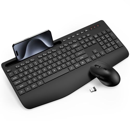 Wireless Keyboard and Mouse Combo – Full-Sized Ergonomic Keyboard with Wrist Rest, Phone Holder, Sleep Mode, Silent 2.4GHz Cordless Keyboard Mouse Combo for Computer, Laptop, PC, Mac, Windows -Trueque