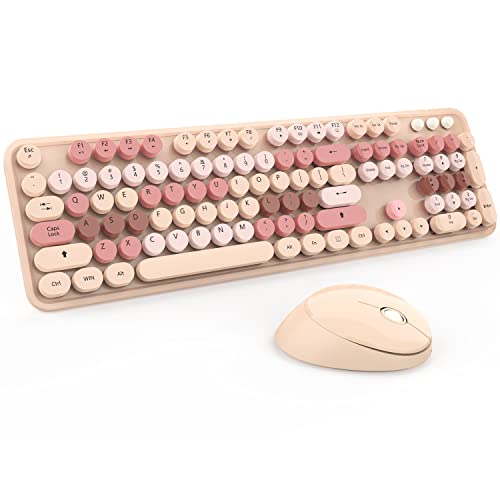 Wireless Keyboard and Mouse, KOOTOP Cute Keyboard and Mouse, 2.4G Wireless Keyboard with Retro Round Keycap for PC, Mac, Laptop,Computer Windows (Milk Tea)