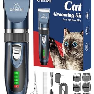 oneisall Quiet Cat Clippers for Matted & Long Hair, 2-Speed Cordless Pet Shaver Grooming Kit for Cats, Small Dogs & Animals (Blue)