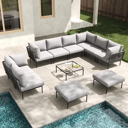 11 Pieces Patio Furniture Set, Metal Modular Sectional Conversation Sofa Set, Modern Woven Wicker Rope Chairs with Coffee Table