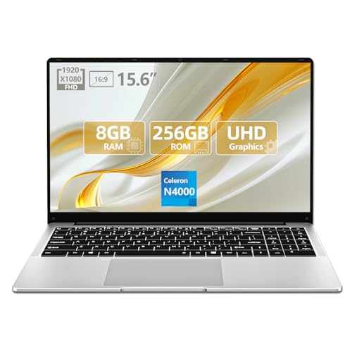 15.6 inch Laptop, Laptops with Celeron N4000, 2025 Gaming Laptop for 8GB LPDDR4 256GB SSD, IPS FHD 1920×1080, WiFi+BT4.2+Mini HDMI+TF Card Slot, Traditional Laptops Computers Convertible 180° Netbook