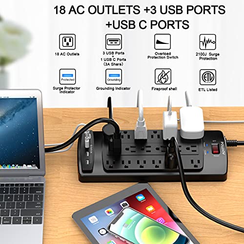 18 Outlets Surge Protector Power Strip - 6 Feet Flat Plug Heavy Duty Extension Cord with 18 Widely Outlets and 4 USB Ports, 2100 Joules, Black, ETL Listed - Image 3