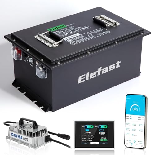 36V 105AH Lithium Golf Cart Battery with 2.8-inch LCD Touchscreen and 25A Fast Charger,Built-in Bluetooth and 200A BMS,Up to 6000+ Deep Cycle,Perfect for Golf Carts,Club Car,Lawnmower