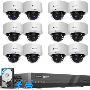4COVR 16 Channel PoE Security Camera System AI Human/Vehicle Detection, 12Pcs IK10 Vandal-Proof 5MP Wired Commercial Dome IP Camera IP67, 16CH 4K NVR 4TB, Business Surveillance Outdoor, LY54AX5M1612