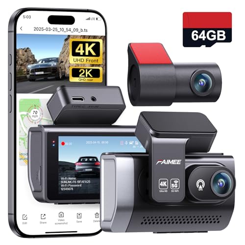 4K Dash Cam Front and Rear with GPS, Upgraded 5.8G WiFi, Dual Dash Camera for Cars, Night Vision, WDR, 160°Wide Angle, 24H Parking Monitor, Emergency Lock, 3″ IPS Screen (64GB Card Included)