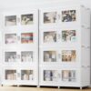 600Gal Extra Large Stackable Storage Bins with Lids & Wheels – Heavy Duty Collapsible Plastic Cabinets, Open Front Door for Effortless Clothes & Sundries in Home & Office, White 8 Pack