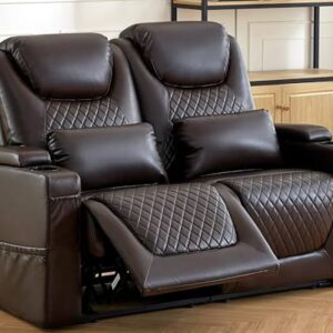 61″ RV Loveseat Recliner Sofa, Home Theater Seating with 3 Arms and 2 Pillows, Wall Hugger Recliners & 138° Reclining Couch (Brown PU Leather Furniture)