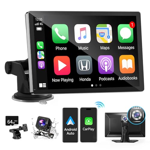 9 inch HD Portable Wireless carplay Screen for car & Android Auto Touchscreen with 4K Dash Cam/1080P Backup Camera/Mirror Link/Navigation/Voice Control/Car Stereo/Drive Play/Bluetooth