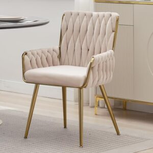 ABET Desk Chair No Wheels 1PC, Modern Woven Velvet Vanity Chair with Back & Armrest, Comfy Cute Gold Metal Legs Upholstered Makeup Armchair for Girls & Women for Home Bedroom, Nail Spa, Beige