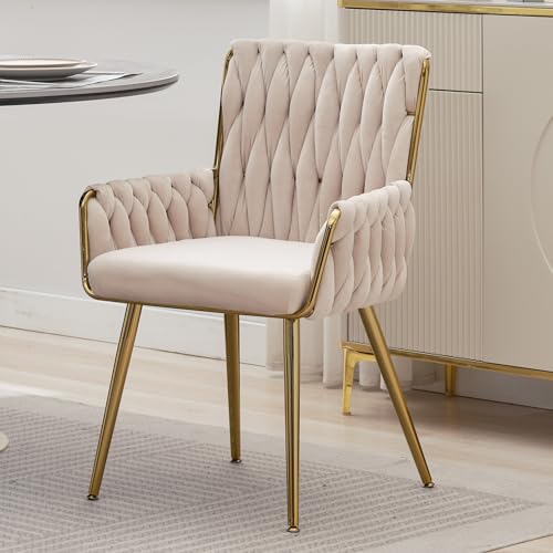 ABET Desk Chair No Wheels 1PC, Modern Woven Velvet Vanity Chair with Back & Armrest, Comfy Cute Gold Metal Legs Upholstered Makeup Armchair for Girls & Women for Home Bedroom, Nail Spa, Beige