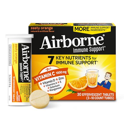 Airborne Vitamin C 1000mg (per Serving) – Zesty Effervescent Tablets, Gluten-Free Immune Support Supplement, Echinacea & Ginger, Orange, Citrus, 30 Count (Pack of 3)