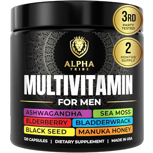 Alpha Tribe Multivitamin for Men with Sea Moss, Black Seed Oil, Ashwagandha, Turmeric Bladderwrack, Burdock,Vitamin C, Elderberry, Manuka, Yellow Dock | Daily Men’s Vitamins and Minerals Supplement