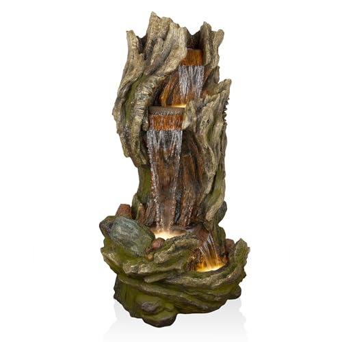 Alpine Corporation WIN1642 61" 3-Tier Log Water Fountain with Warm White LED Lights, Cascading Waterfall for Garden, Patio, & Lawn, Outdoor Water Feature - Image 3