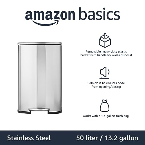 Amazon Basics Smudge Resistant Rectangular Trash Can With Soft-Close Foot Pedal, Brushed Stainless Steel, 50 Liter/13.2 Gallon, Satin Nickel Finish, 16.7"L x 14.7"W x 25.9"H - Image 3