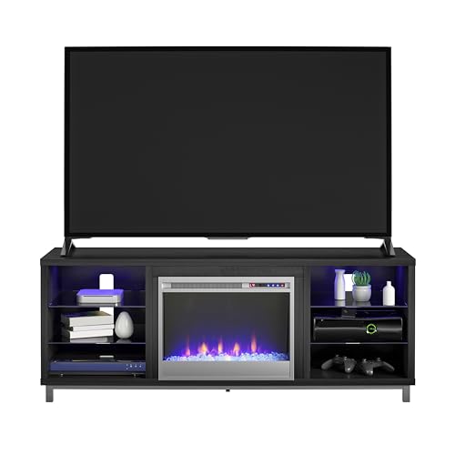 Ameriwood Home Lumina Fireplace TV Stand, Black Oak, Holds TVs up to 70″, Modern Entertainment Center with RGB LED Lights