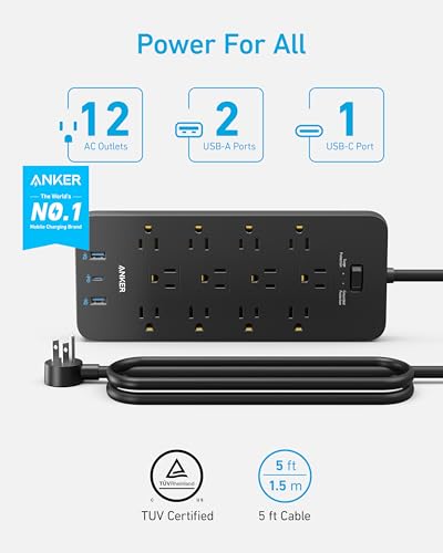 Anker (Pack of 2) Surge Protector Power Strip (2100J), 12 Outlets with 1 USB C and 2 USB Ports for iPhone 15/15 Plus/15 Pro/15 Pro Max, 5feet Extension Cord, Flat Plug, 20W for Home,Office,TUV Listed - Image 3