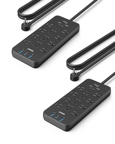 Anker (Pack of 2) Surge Protector Power Strip (2100J), 12 Outlets with 1 USB C and 2 USB Ports for iPhone 15/15 Plus/15 Pro/15 Pro Max, 5feet Extension Cord, Flat Plug, 20W for Home,Office,TUV Listed