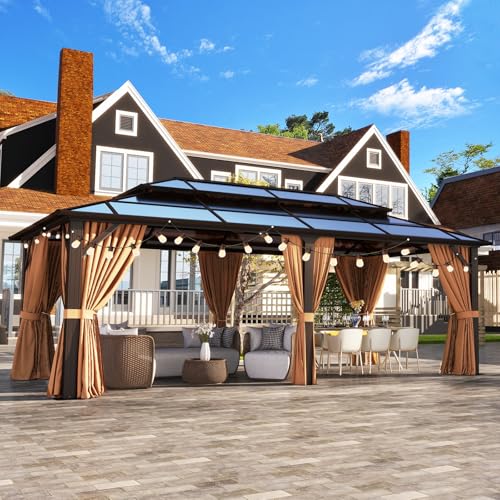 Aoxun 12’x20′ Hardtop Gazebo, Aluminum Frame Permanent Pavilion with Curtains and Netting, Outdoor Polycarbonate Double Roof Canopy with String Lights, for Garden, Lawns, Patio, Brown