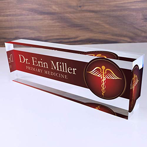 Artblox Office Desk Name Plate Personalized | Custom Name Plates For Desks | Medic Design On Clear Acrylic Glass | Cute Office Desk Accessories Customized Gifts – (8″ x 2.5″)
