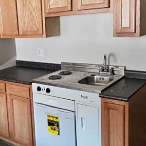 Avanti CK3016 Full Compact Kitchen Built in Kitchenette with Stainless Steel Countertop with Sink and Chrome Faucet, Two Element Cooking Range, 2.2 Cu.Ft. Refrigerator & Storage Space, 30-Inch, White