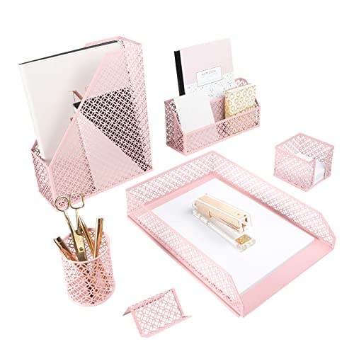 BLU MONACO Pink Desk Organizer Set for Desk Accessories -Mail Sorter, Sticky Note Holder, Pen Cup, Magazine Holder, Letter Tray, and business card holder-Pink Office Decor