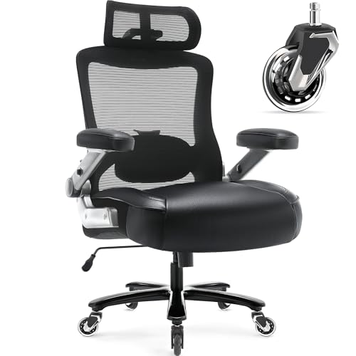 Big and Tall Office Chair 600lbs with 3D Flip Arms Adjustable Headrest – Heavy Duty Large Wheels Executive Computer Desk Chair, Ergonomic Lumbar Support Mesh High Back Plus Size Chair for Adults