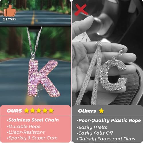 Bling Pink Car Accessories for Women Letter Charm, Rainbow Color Rear View Mirror Cute Crystal Pendant Car Decorations, Lucky Gifts Girly Diamond Rhinestone Charm Letter K - Image 3
