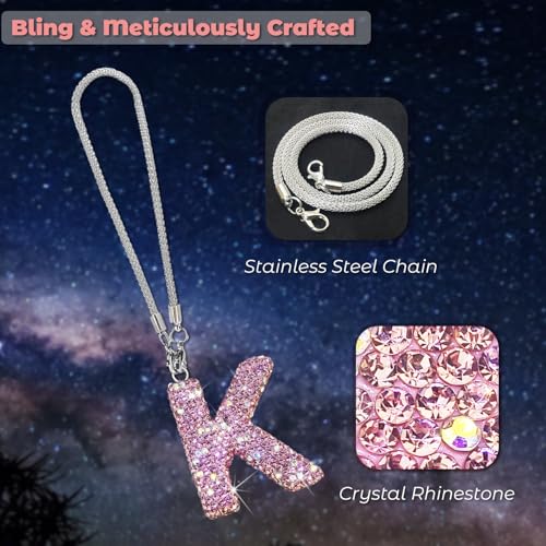 Bling Pink Car Accessories for Women Letter Charm, Rainbow Color Rear View Mirror Cute Crystal Pendant Car Decorations, Lucky Gifts Girly Diamond Rhinestone Charm Letter K - Image 4