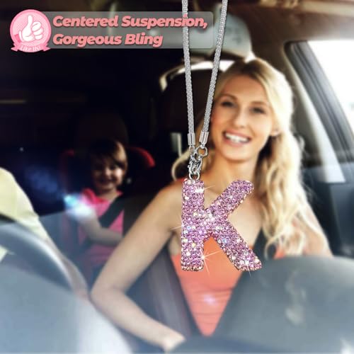 Bling Pink Car Accessories for Women Letter Charm, Rainbow Color Rear View Mirror Cute Crystal Pendant Car Decorations, Lucky Gifts Girly Diamond Rhinestone Charm Letter K - Image 5