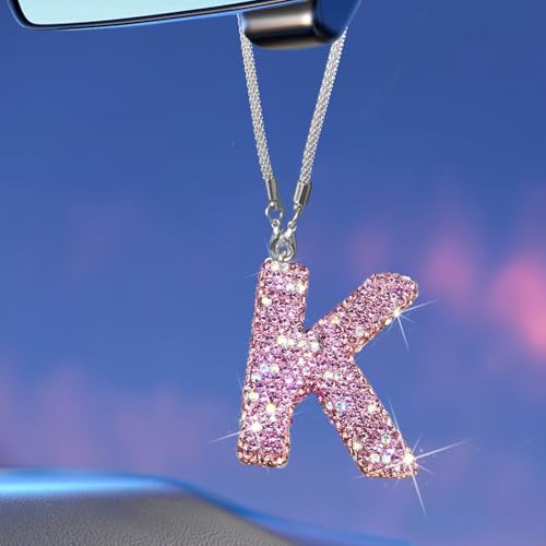 Bling Pink Car Accessories for Women Letter Charm, Rainbow Color Rear View Mirror Cute Crystal Pendant Car Decorations, Lucky Gifts Girly Diamond Rhinestone Charm Letter K