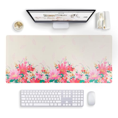 Blu Monaco Beige Floral Extra Large Desk Mat 35 x 15.7 – Waterproof Mouse Pad – Cute Office Desk Pad & Accessories for Women