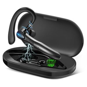 Bluetooth Headset, Wireless Bluetooth Earpiece with 400mAh Charging Case 55 Hours Talking Time Built-in Microphone for iOS Android Cell Phone, V5.1 Hand-Free Headphones for Trucker, I33 Office – Black