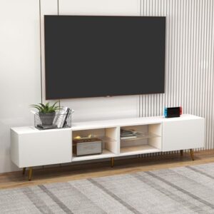Bonzy Home 86″ LED TV Stand, Modern Entertainment Center up to 75″ 80″ 85″ TV, Television Console Table with Storage Cabinets for Living Room, White