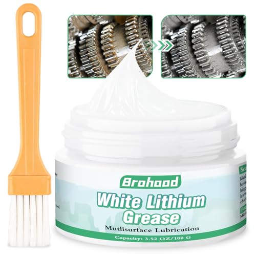 Brohood White Lithium Grease, Multi-Purpose Lithium Grease, 3.52 Ounces Garage Door Lubricant, White Greases with Brush for Track Rail, Automotive, Marine, Bicycles, Bearings, Gears