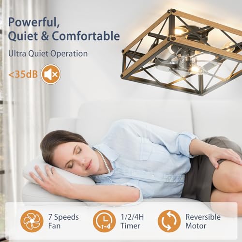 Caged Ceiling Fan with Lights, Farmhouse Rustic Square Flush Mount Ceiling Fan with Light and Remote, Reversible 7 Speeds Motor, Small Bladeless Ceiling Fans for Living Room, Bedroom, Kitchen - Image 3