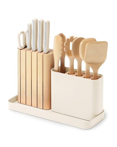 Caraway 14-Piece Kitchen Prep Set – Kitchen Knife Set & Wooden Utensil Set – Made With Premium German Steel Blades & FSC-Certified Birch Wood – Non-Toxic Materials – Includes Organizer – Cream