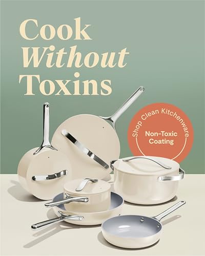 Caraway Deluxe Nonstick Ceramic Cookware Set (16 Piece) Pots, Frying Pans, Lids and Kitchen Storage – PFAS & PFOA Free – Oven Safe Ceramic Pan Set & Compatible with All Stovetops – Cream