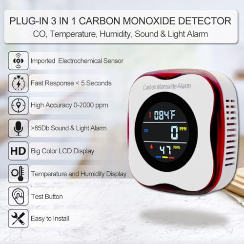 Carbon Monoxide Detector Plug in Wall, WESHLGD 3 in 1 Carbon Monoxide Detectors with Temp/Humidity Sensor, Travel Carbon Monoxide Detector with Color LCD Display, Voice & Light Alarm for Home Hotel RV - Image 4