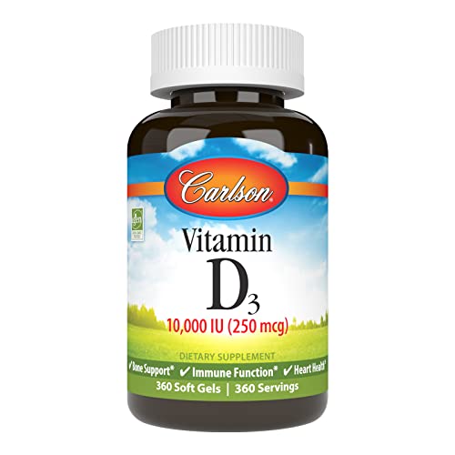 Carlson Vitamin D3 10,000 IU (250 mcg), Cholecalciferol, Bone & Immune Health, 360 Soft Gels