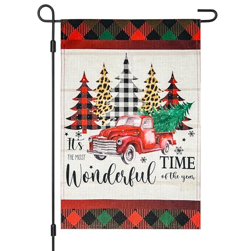 Christmas Tree Red Truck Double Sided 12×18 Inch Winter Garden Flag,It’s The Most Wonderful Time of The Year Small Mini Seasonal Yard Flag,Outdoor Decor for Farmhouse Lawn Porch Holiday
