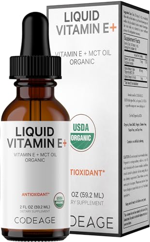 Codeage Liquid Vitamin E+ – USDA-Certified Organic Vitamin E – 2-Month Supply – D-Alpha Tocopherol Acetate, Organic MCT Oil, Organic Orange Fruit Oil, Unflavored, Non-GMO, Vegan, Gluten-Free, 2 fl oz
