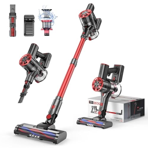 Cordless Vacuum Cleaner Rechargeable with 2600mAh Detachable Battery, Powerful Vacuums with 2 Adjustable Modes, Lightweight Portable Stick Vacuum for Home (Red Camellia)
