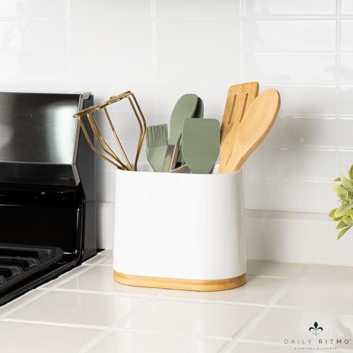 DAILY RITMO® White Large Oval Utensil Holder with Bamboo Wooden Base - Image 3