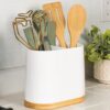 DAILY RITMO® White Large Oval Utensil Holder with Bamboo Wooden Base