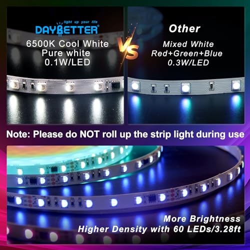 DAYBETTER RGBW IC LED Strip Lights, Smart RGB+6500K White 4 Color in 1 LED Lights with Built-in IC Chip, High Density（60 LEDs per 3.2ft/1M） Dream Color LED Strip for Bedroom, Home Decor, 16.4ft, 24V - Image 4
