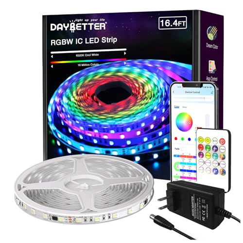 DAYBETTER RGBW IC LED Strip Lights, Smart RGB+6500K White 4 Color in 1 LED Lights with Built-in IC Chip, High Density(60 LEDs per 3.2ft/1M) Dream Color LED Strip for Bedroom, Home Decor, 16.4ft, 24V