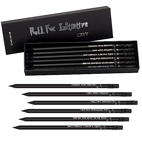 DND Pencils Set of 12 – Silver Foil Stamped with RPG Slogans & D6 Dice Numbers – Hexagon 2HB Tabletop Gaming Pencil with Eraser – Must-Have Tools, Accessories and Gifts for DM and Player (Style A)