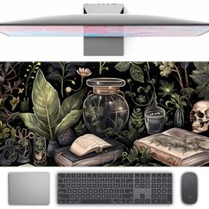 Dark Academia Desk Mat Mouse Pad XL Extended Large Gaming Desk Pad Mousepad, Mystical Green Plant Computer Laptop Keyboard and Mouse Mat, Desktop Protector Mat for Women Girl Office 31.5×11.8 in